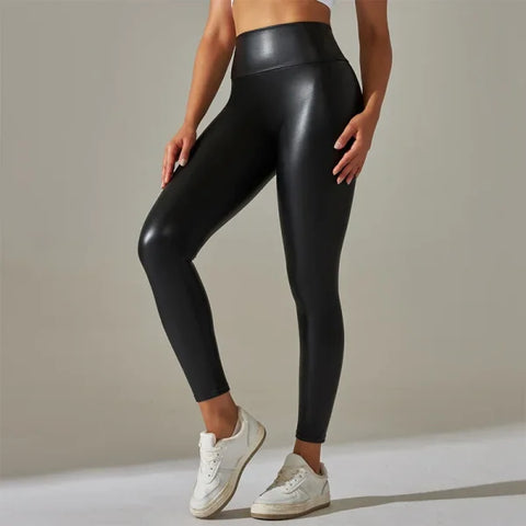 Trendy Oversized Women’s PU Leather Leggings - High Waisted Sexy Yoga Pants