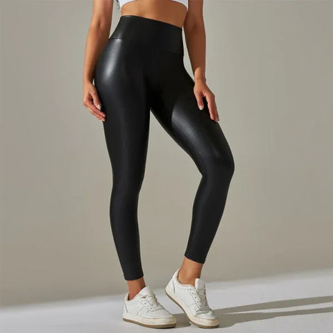Trendy Oversized Women’s PU Leather Leggings - High Waisted Sexy Yoga Pants