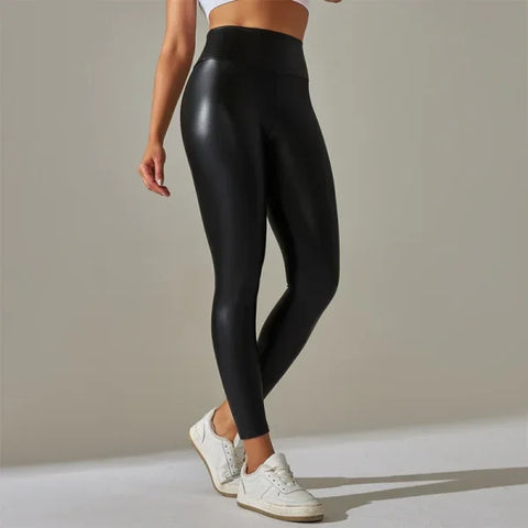Trendy Oversized Women’s PU Leather Leggings - High Waisted Sexy Yoga Pants