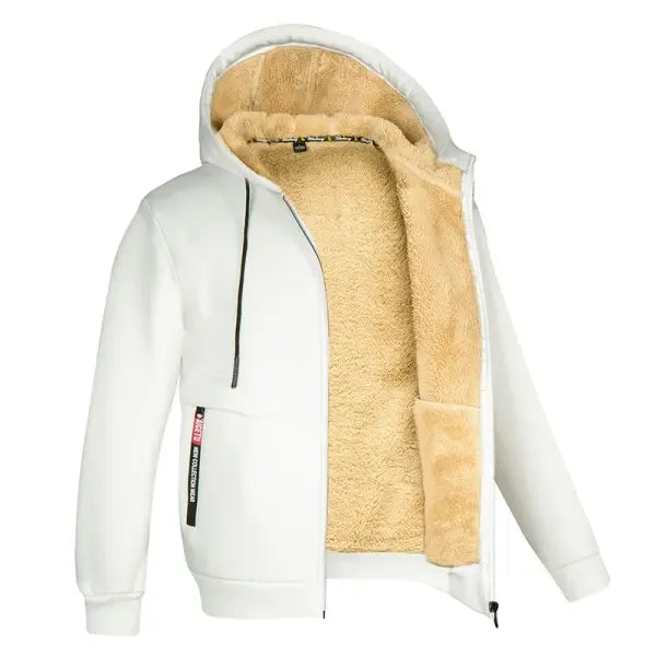 Unisex Winter Lamb Wool Zipper Jacket – Warm Plush Lined Hoodie with Front Pockets Trendy Pure Color Coat - White1 / 5XL