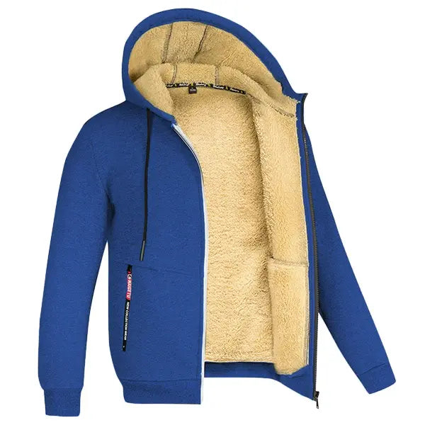 Unisex Winter Lamb Wool Zipper Jacket – Warm Plush Lined Hoodie with Front Pockets Trendy Pure Color Coat - Royalblue1