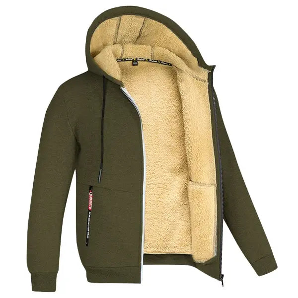 Unisex Winter Lamb Wool Zipper Jacket – Warm Plush Lined Hoodie with Front Pockets Trendy Pure Color Coat - Green1 / L