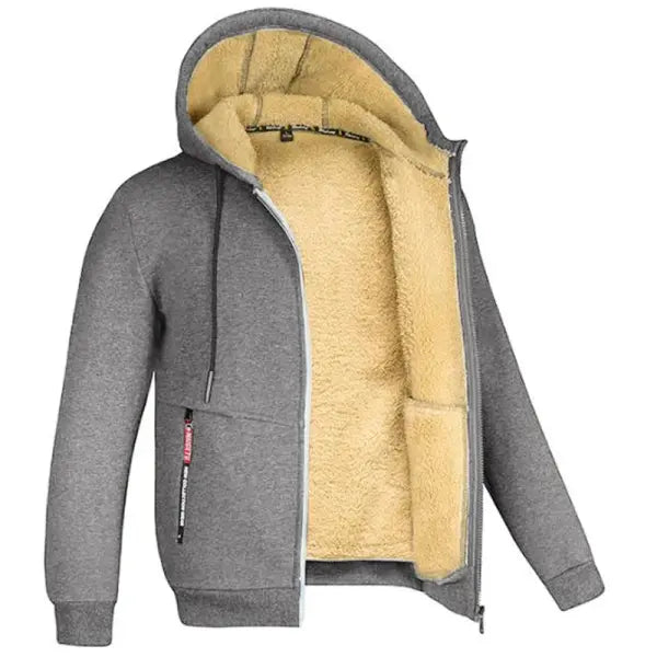 Unisex Winter Lamb Wool Zipper Jacket – Warm Plush Lined Hoodie with Front Pockets Trendy Pure Color Coat - Lightgrey1