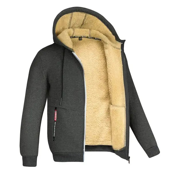 Unisex Winter Lamb Wool Zipper Jacket – Warm Plush Lined Hoodie with Front Pockets Trendy Pure Color Coat - Darkgrey1
