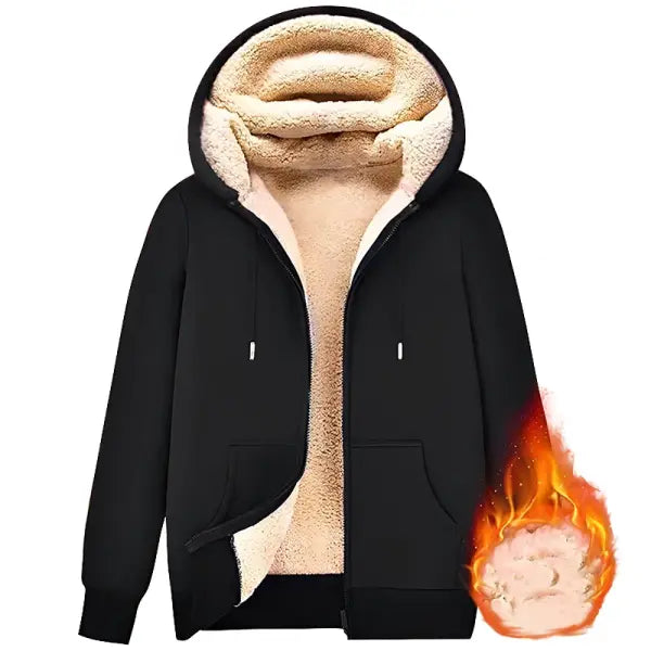 Unisex Winter Lamb Wool Zipper Jacket – Warm Plush Lined Hoodie with Front Pockets Trendy Pure Color Coat - Black / M