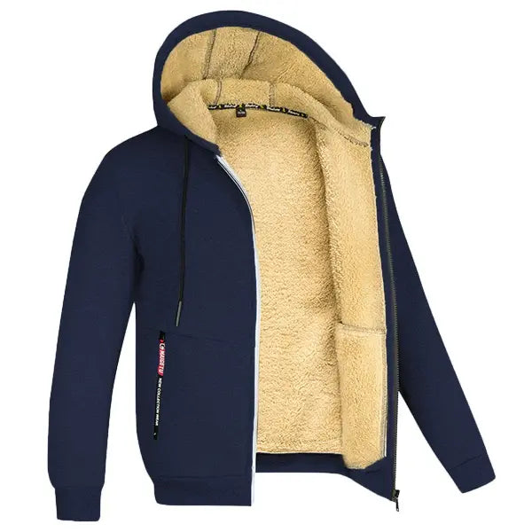 Unisex Winter Lamb Wool Zipper Jacket – Warm Plush Lined Hoodie with Front Pockets Trendy Pure Color Coat - Navyblue1