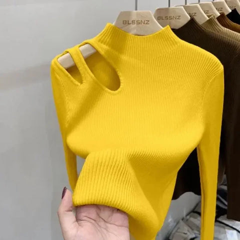 Turtleneck Knitted Women’s Sweater - Ribbed Pullover for Autumn Winter Soft & Warm - One Size / Yellow