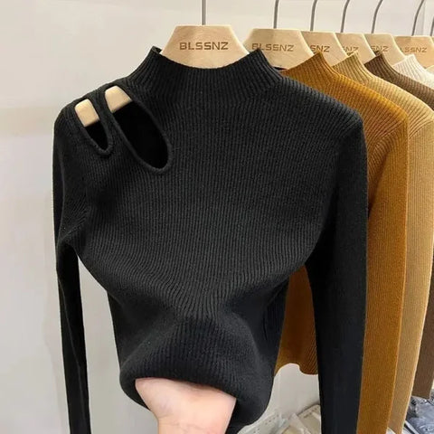 Turtleneck Knitted Women’s Sweater - Ribbed Pullover for Autumn Winter Soft & Warm - One Size / black