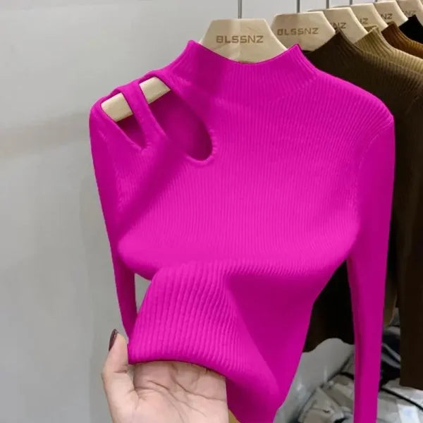 Turtleneck Knitted Women’s Sweater - Ribbed Pullover for Autumn Winter Soft & Warm - One Size / Rose Red