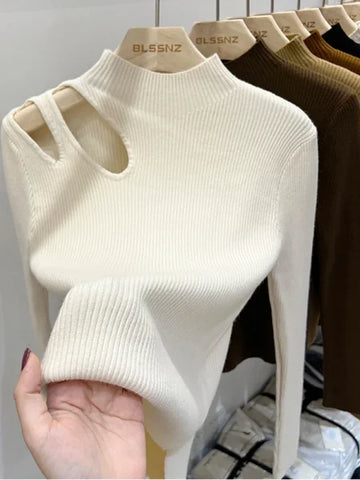 Turtleneck Knitted Women’s Sweater - Ribbed Pullover for Autumn Winter Soft & Warm