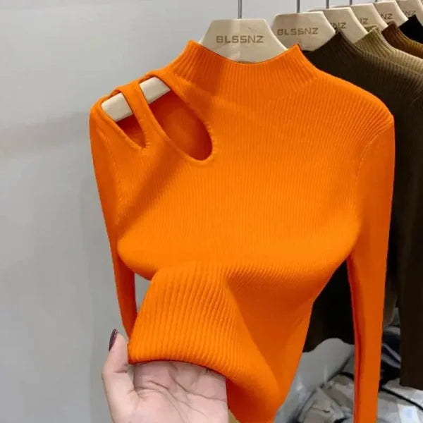 Turtleneck Knitted Women’s Sweater - Ribbed Pullover for Autumn Winter Soft & Warm - One Size / Orange