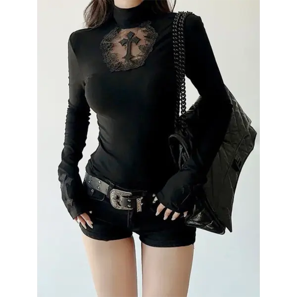 Turtleneck Top Y2k Clothes Black Gothic Cross Hollow Slimming Bottom T Shirt for Women Long Sleeve Sexy T-shirt Girls