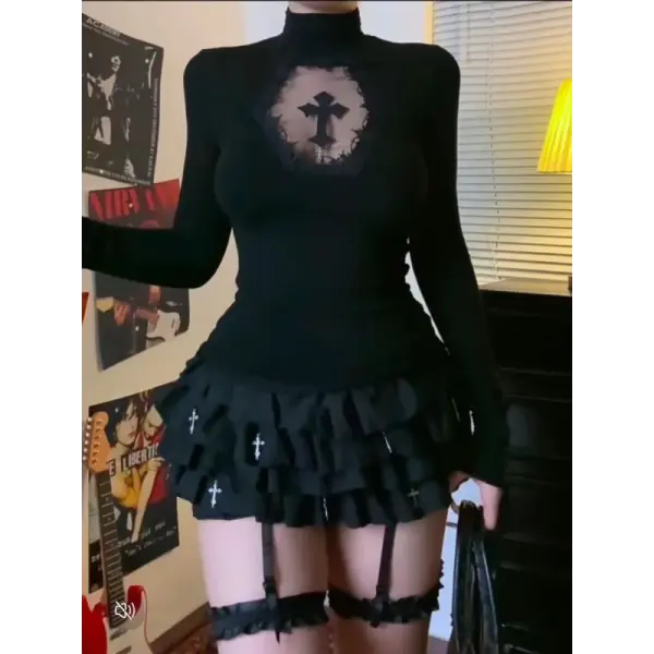 Turtleneck Top Y2k Clothes Black Gothic Cross Hollow Slimming Bottom T Shirt for Women Long Sleeve Sexy T-shirt Girls