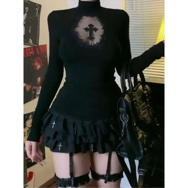 Turtleneck Top Y2k Clothes Black Gothic Cross Hollow Slimming Bottom T Shirt for Women Long Sleeve Sexy T-shirt Girls