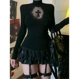 Turtleneck Top Y2k Clothes Black Gothic Cross Hollow Slimming Bottom T Shirt for Women Long Sleeve Sexy T-shirt Girls