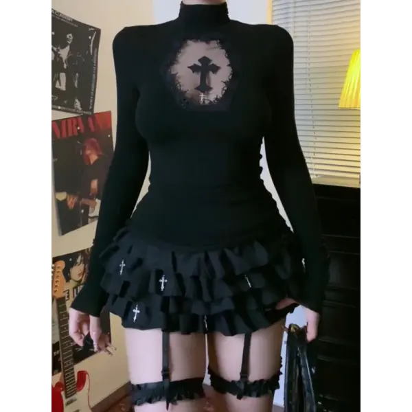 Turtleneck Top Y2k Clothes Black Gothic Cross Hollow Slimming Bottom T Shirt for Women Long Sleeve Sexy T-shirt Girls