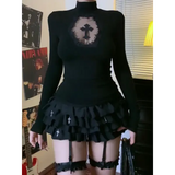 Turtleneck Top Y2k Clothes Black Gothic Cross Hollow Slimming Bottom T Shirt for Women Long Sleeve Sexy T-shirt Girls