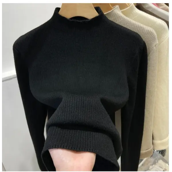 Women’s Turtleneck Winter Sweater – Elegant Thick Velvet-Lined Knitted Pullover Warm Soft Knitwear Jumper - black