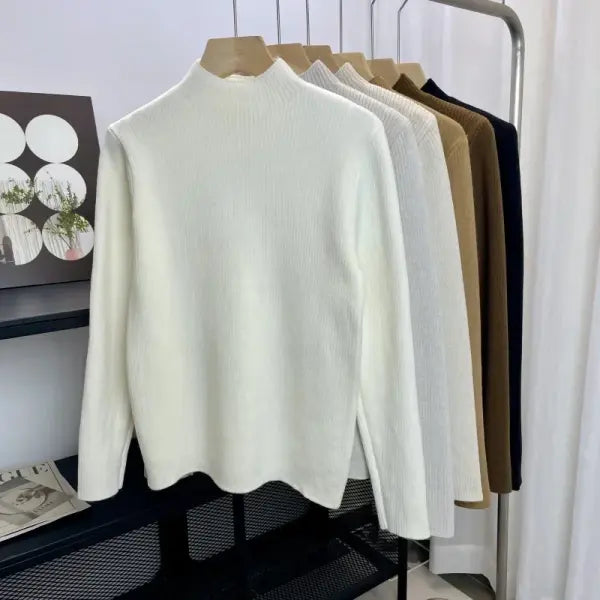Women’s Turtleneck Winter Sweater – Elegant Thick Velvet-Lined Knitted Pullover Warm Soft Knitwear Jumper - WHITE