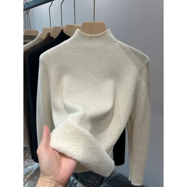 Women’s Turtleneck Winter Sweater – Elegant Thick Velvet-Lined Knitted Pullover Warm Soft Knitwear Jumper - Beige