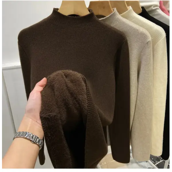Women’s Turtleneck Winter Sweater – Elegant Thick Velvet-Lined Knitted Pullover Warm Soft Knitwear Jumper - Dark Brown