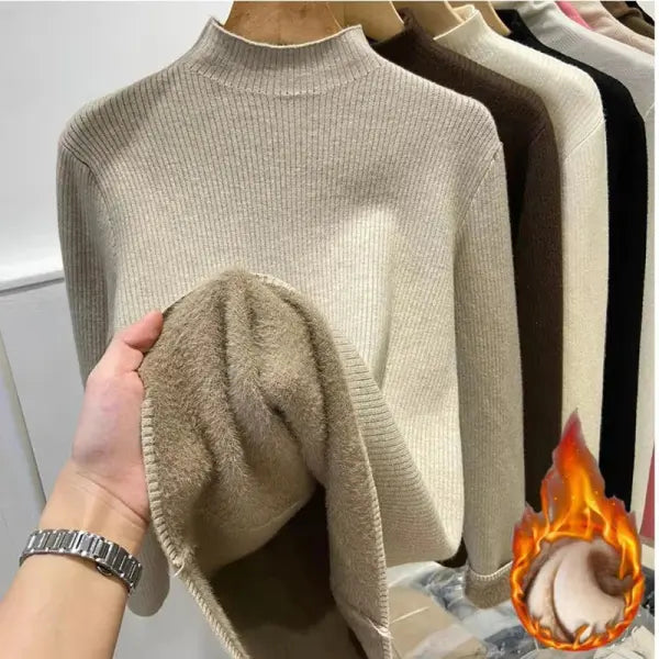 Women’s Turtleneck Winter Sweater – Elegant Thick Velvet-Lined Knitted Pullover Warm Soft Knitwear Jumper
