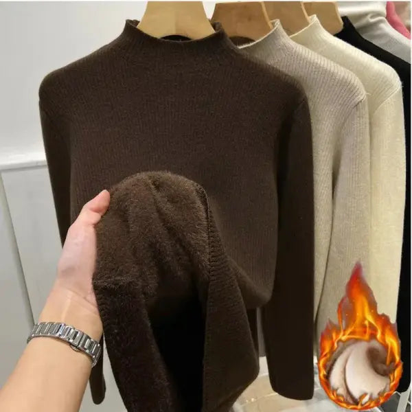 Women’s Turtleneck Winter Sweater – Elegant Thick Velvet-Lined Knitted Pullover Warm Soft Knitwear Jumper