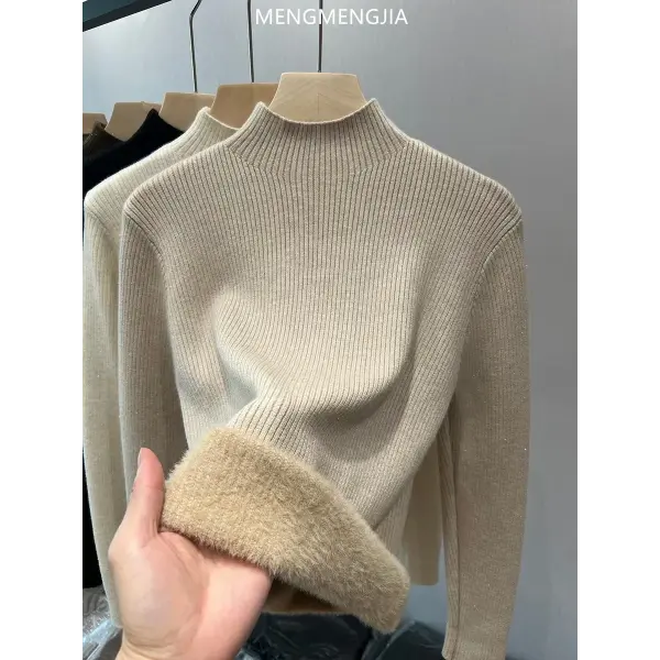 Women’s Turtleneck Winter Sweater – Elegant Thick Velvet-Lined Knitted Pullover Warm Soft Knitwear Jumper - Khaki