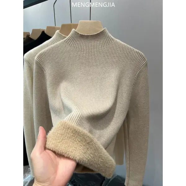 Women’s Turtleneck Winter Sweater – Elegant Thick Velvet-Lined Knitted Pullover Warm Soft Knitwear Jumper - Khaki