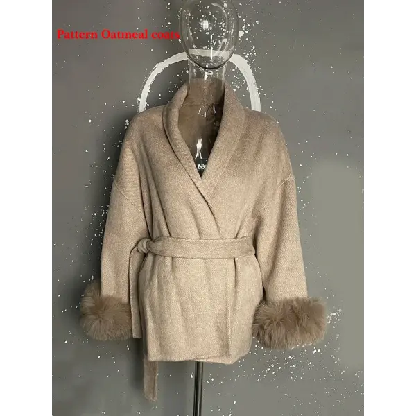 UCXQ Women’s Elegant Wool Overcoat – OL Office Lady Patchwork Fur Long Sleeve Coat Autumn Winter Jacket - Pattern