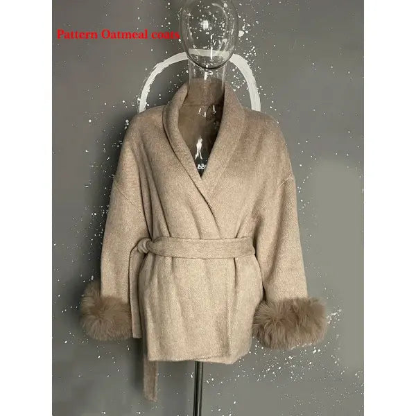 UCXQ Women’s Elegant Wool Overcoat – OL Office Lady Patchwork Fur Long Sleeve Coat Autumn Winter Jacket - Pattern