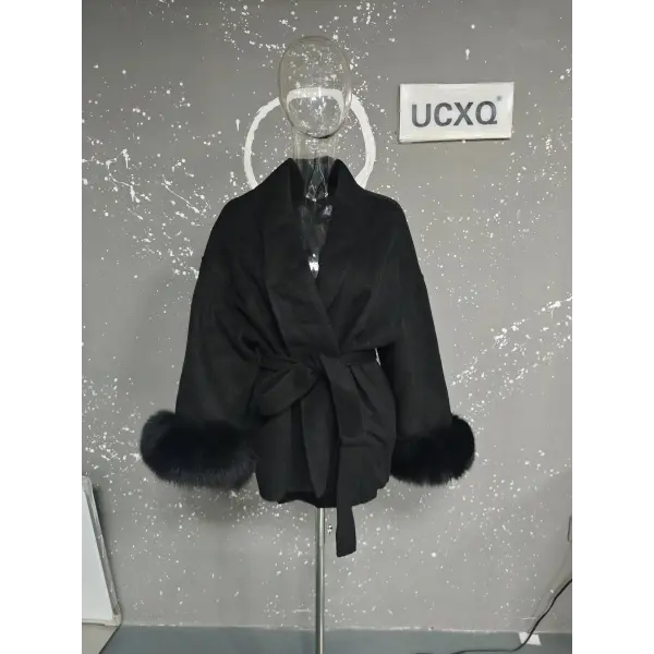 UCXQ Women’s Elegant Wool Overcoat – OL Office Lady Patchwork Fur Long Sleeve Coat Autumn Winter Jacket - Pure Black