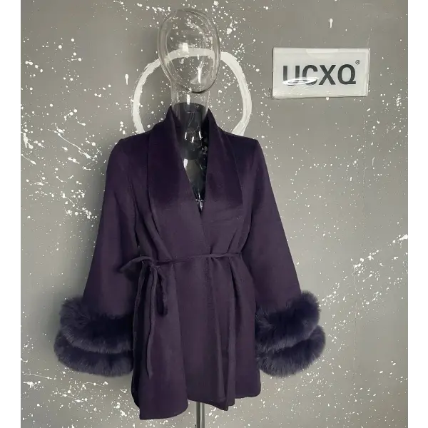 UCXQ Women’s Elegant Wool Overcoat – OL Office Lady Patchwork Fur Long Sleeve Coat Autumn Winter Jacket - short purple