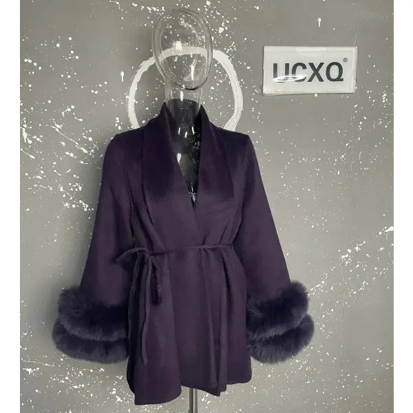 UCXQ Women’s Elegant Wool Overcoat – OL Office Lady Patchwork Fur Long Sleeve Coat Autumn Winter Jacket - short purple