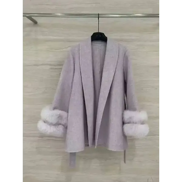 UCXQ Women’s Elegant Wool Overcoat – OL Office Lady Patchwork Fur Long Sleeve Coat Autumn Winter Jacket - purple style