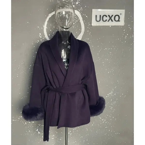 UCXQ Women’s Elegant Wool Overcoat – OL Office Lady Patchwork Fur Long Sleeve Coat Autumn Winter Jacket - Short purple