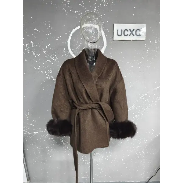 UCXQ Women’s Elegant Wool Overcoat – OL Office Lady Patchwork Fur Long Sleeve Coat Autumn Winter Jacket - Short Coffee