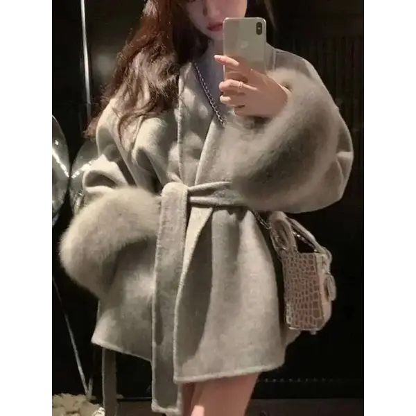 UCXQ Women’s Elegant Wool Overcoat – OL Office Lady Patchwork Fur Long Sleeve Coat Autumn Winter Jacket