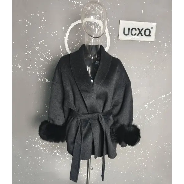 UCXQ Women’s Elegant Wool Overcoat – OL Office Lady Patchwork Fur Long Sleeve Coat Autumn Winter Jacket - Black Gray