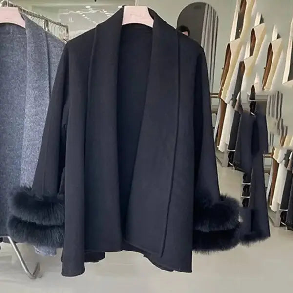 UCXQ Women’s Elegant Wool Overcoat – OL Office Lady Patchwork Fur Long Sleeve Coat Autumn Winter Jacket - black style 2