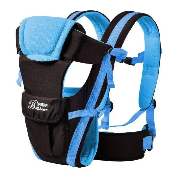 Ultimate Comfort child baby carrier with black fabric and blue straps for enthusiasts