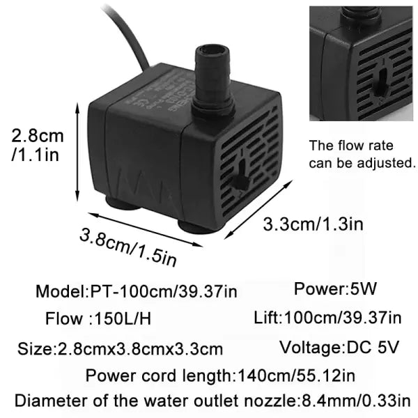 Ultra Quiet USB Aquarium Fish Tank Filtration Pump Mini Pet Fountain Submersible Adjustable Flow Water Circulation Pump