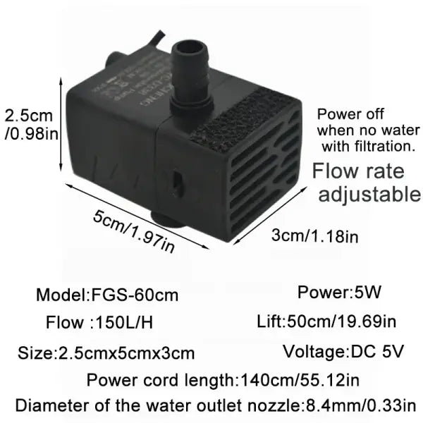 Ultra Quiet USB Aquarium Filtration Pump 5V 5W Submersible Water Pump for Fish Tanks & Fountains - FGS-60cm / 5 W