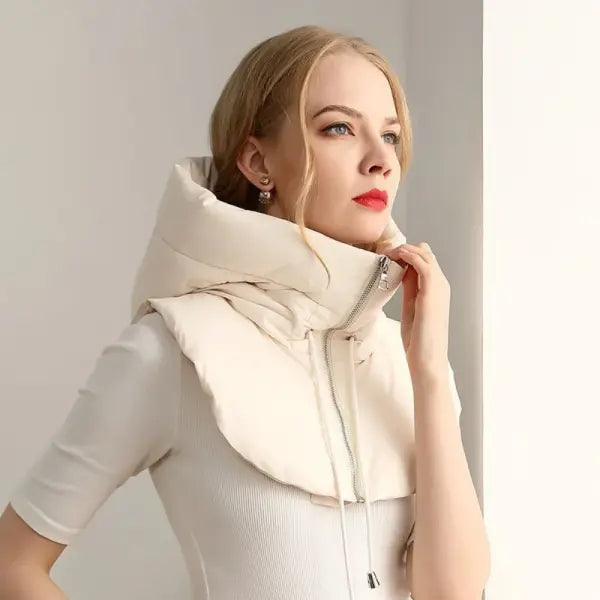 Women’s Ultralight Down Hooded Jacket – Removable Neck Cover & Balaclava Hat with Drawstring - White