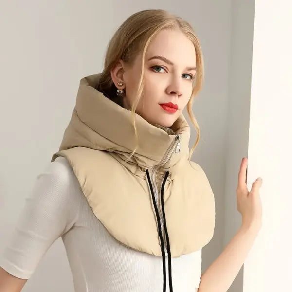 Women’s Ultralight Down Hooded Jacket – Removable Neck Cover & Balaclava Hat with Drawstring - Khaki