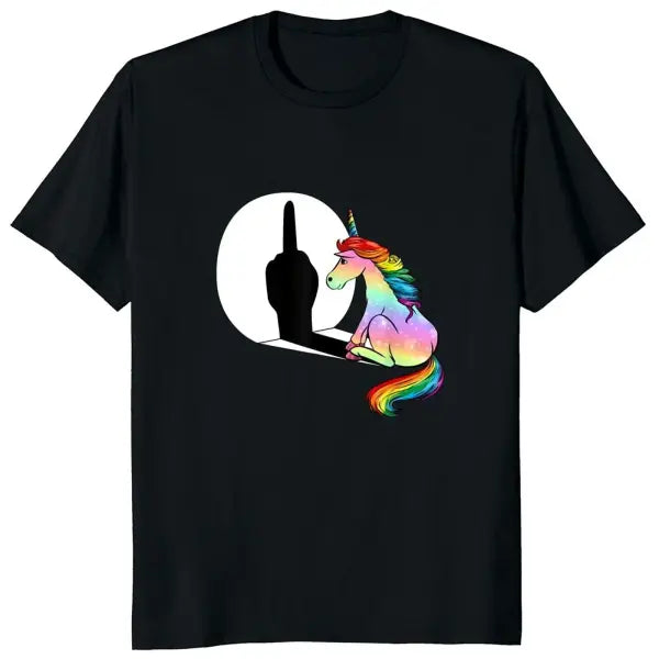 Women Unicorn Middle Finger Letter Print Short Summer Sleeve Length Top - M1381-1-black / XXXL