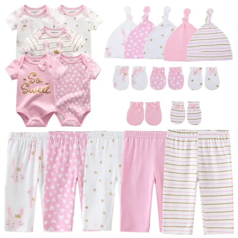 Unisex Newborn Baby Clothes Set – Cotton Bodysuits Pants Hats & Gloves for Boys & Girls