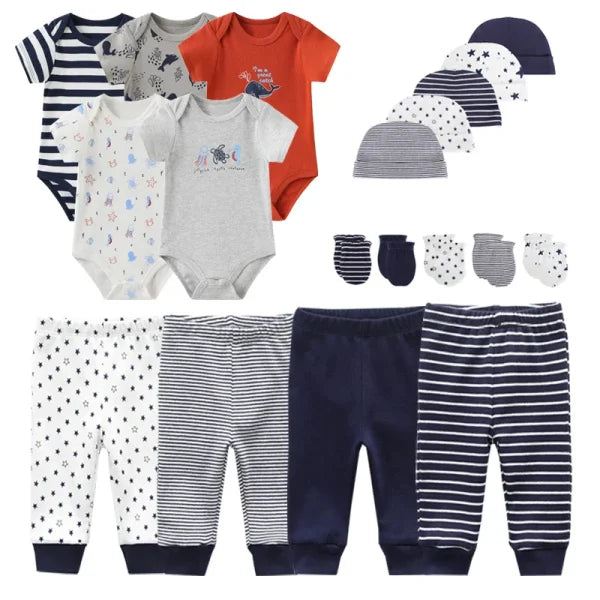 Unisex Newborn Baby Clothes Set – Cotton Bodysuits Pants Hats & Gloves for Boys & Girls - TPHG56 / 3M