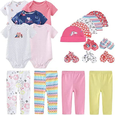 Unisex Newborn Baby Clothes Set – Cotton Bodysuits Pants Hats & Gloves for Boys & Girls - TPHG19 / 3M