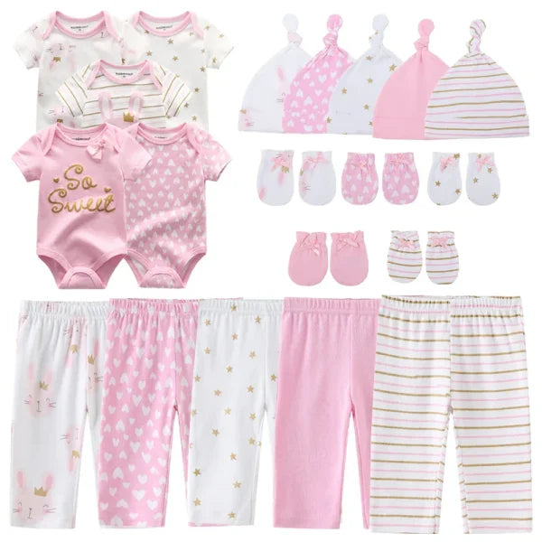 Unisex Newborn Baby Clothes Set – Cotton Bodysuits Pants Hats & Gloves for Boys & Girls - TPHG55 / 3M